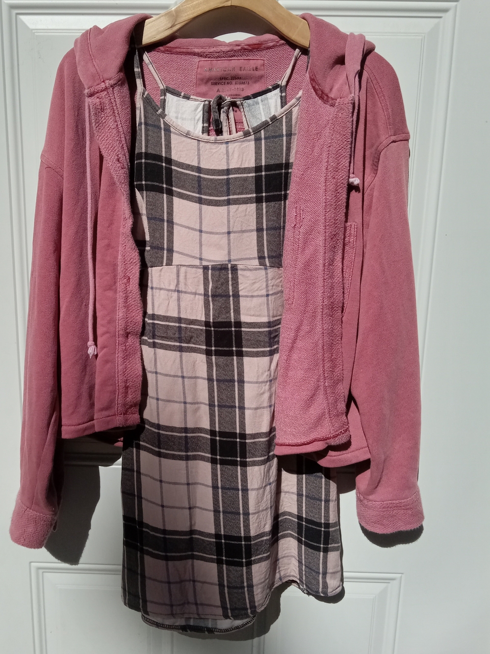 AE Dusty Mauve Pink Hooded Button Up Hoodie w/ Plaid Mini Dress Size Medium